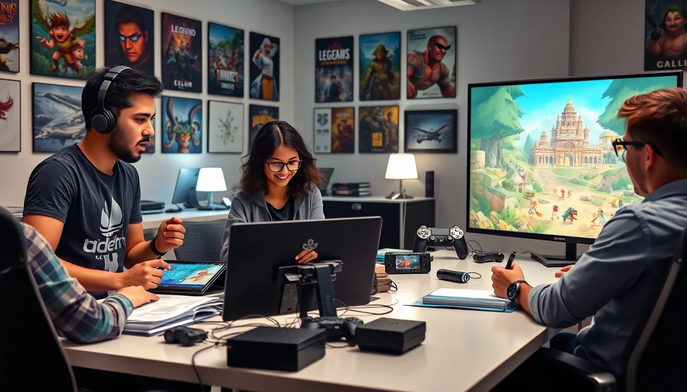 game developers collaborate on a new PlayStation game in a bright office.