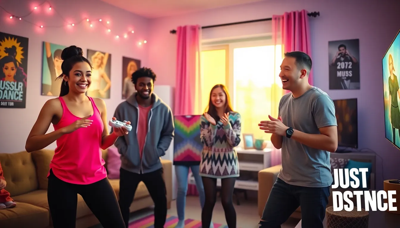 a group of friends dancing to Just Dance 2022 in a colorful living room.