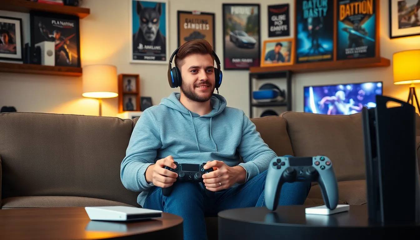 A gamer immersed in a PlayStation session, surrounded by essential gaming gadgets.